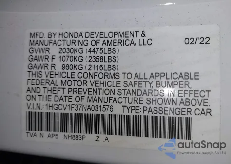 2022 Honda Accord Sport from USA, damaged, VIN 1HGCV1F37NA031576
